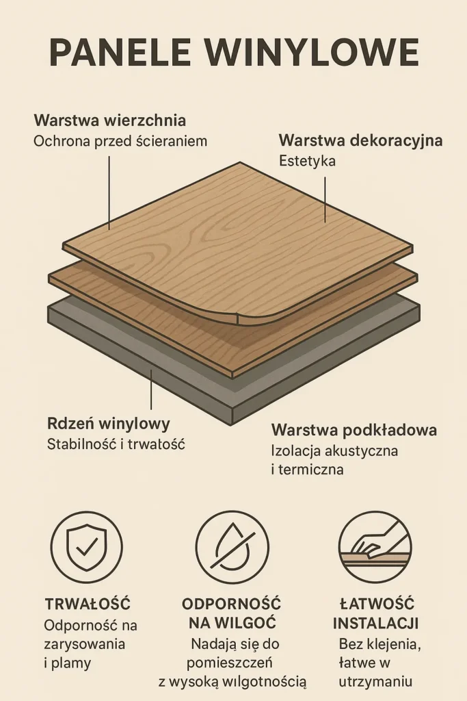 Infografika o cechach paneli winylowych